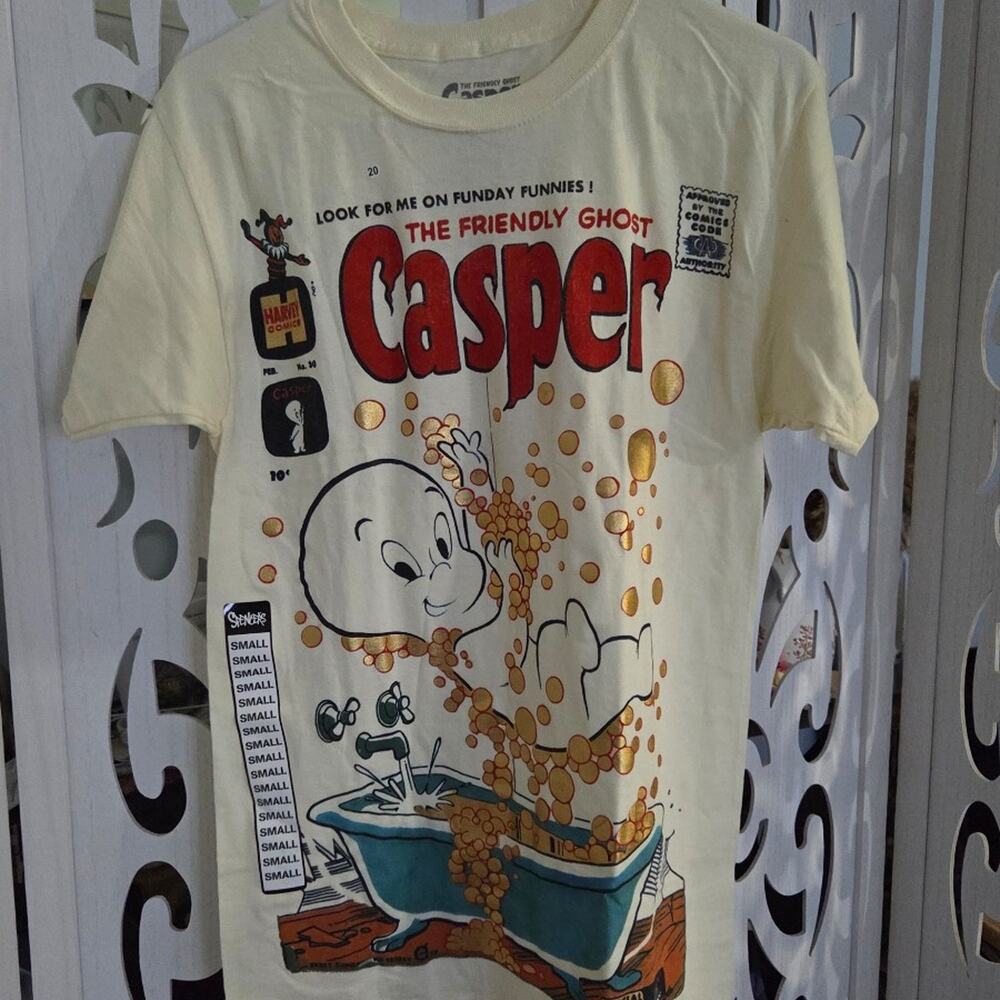 Casper The Friendly Ghost Adult Small White Graphic T Shirt Gold Foil Comic NWT